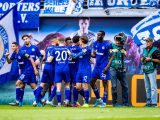6. Spieltag: RB Leipzig gegen FC Schalke. Schalker Jubel in Leipzig. Foto: Eibner